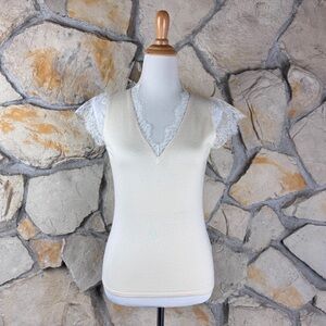 Ralph Lauren Black Label Cashmere Silk Knit Top with Lace Cap Sleeves Cream | L